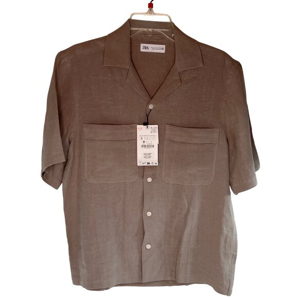 Zara Mens Light Brown Linen Button-Up Shirt With Pockets Size S 83k - Picture 1 of 10